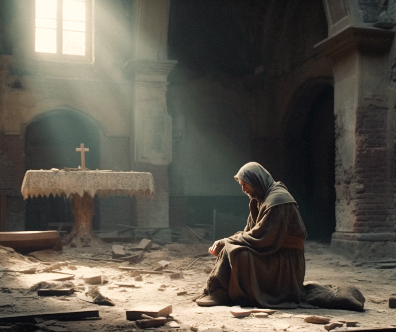 Św. Franciszek z Asyżu modlący się pod krzyżem w kościele św. Damiana